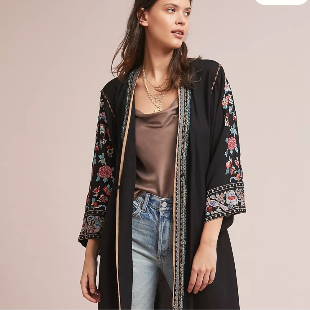 Bl^nk London OSFM Black long sleeve Kimono with Floral Embroidery